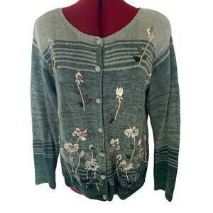 Tiara International Sz Medium‎ Green Knitted Embroidered Floral Cardigan Sweater